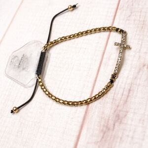 Gold Tone Rhinestone Cross Adjustable Bracelet Chain & Cord NWT